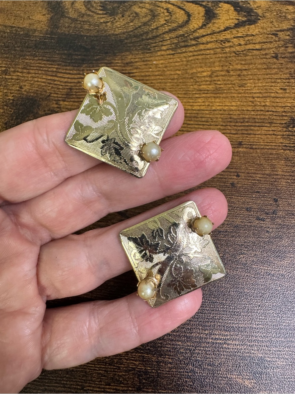 Vintage Triad Gold Square Leaf Embossed Clip-On Earrings with Pearl Accents